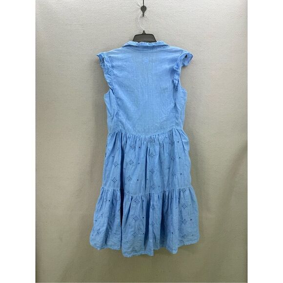 120% Lino Womens Blue Linen Flutter Eyelet Tiered Button Down Midi Dress Size 44 - Picture 2 of 11